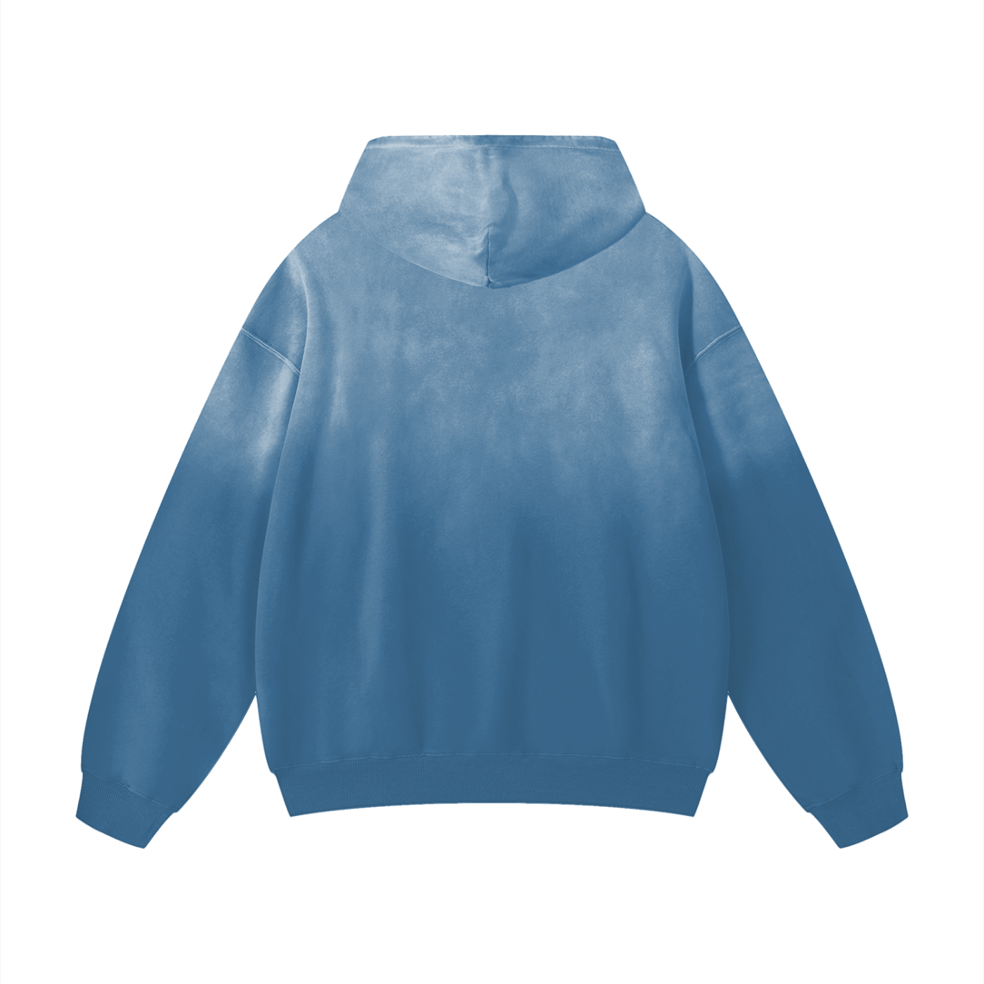 Back view of blue Gratitude Vibe Heavyweight Hoodie with sunfade effect and oversized fit.