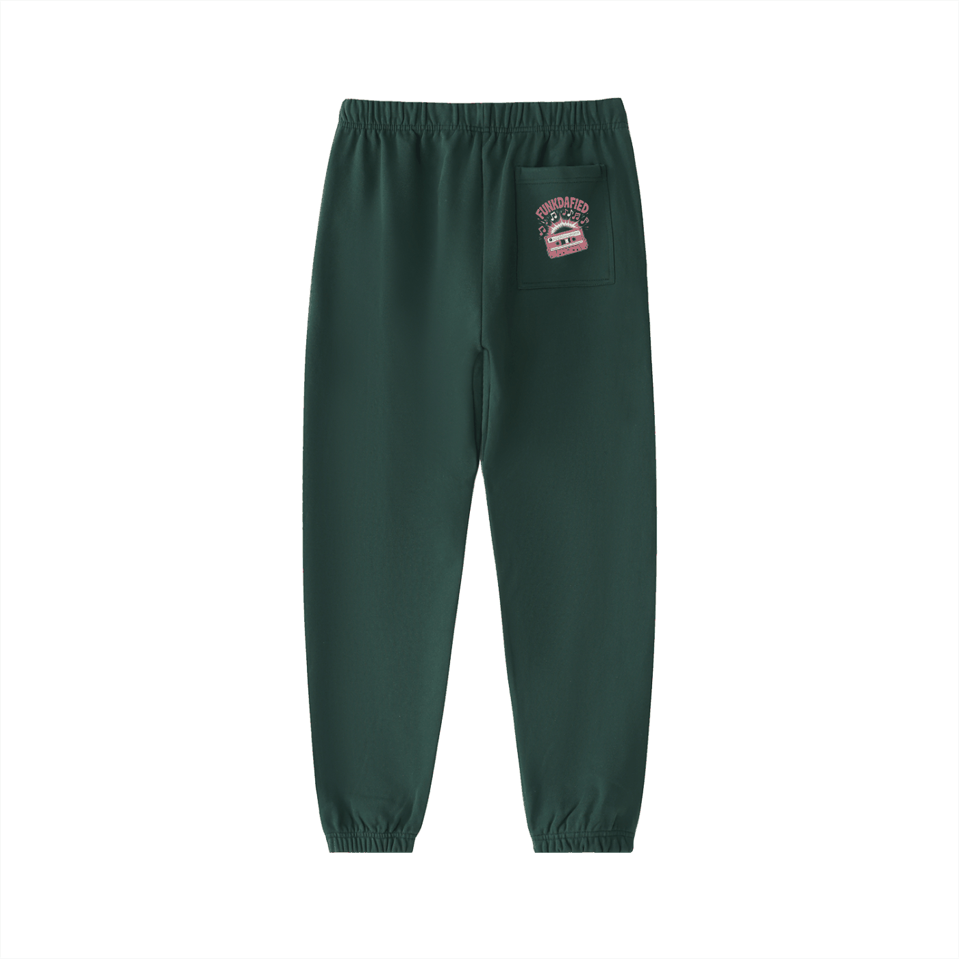 Funkdafied heavyweight cotton sweatpants in dark green with back pocket and logo patch, casual streetwear joggers.