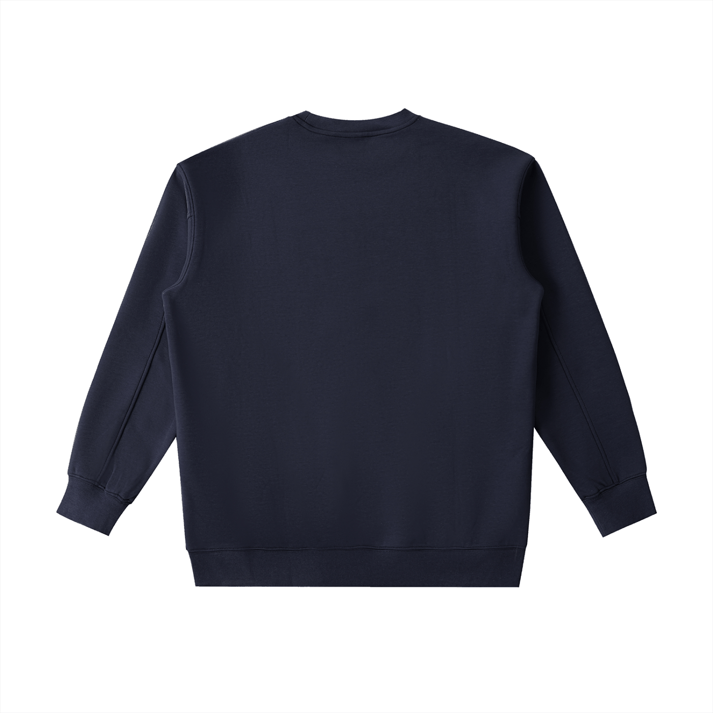 Back view of essential heavyweight crewneck sweatshirt in dark navy cotton-blend fabric with loose fit and long sleeves