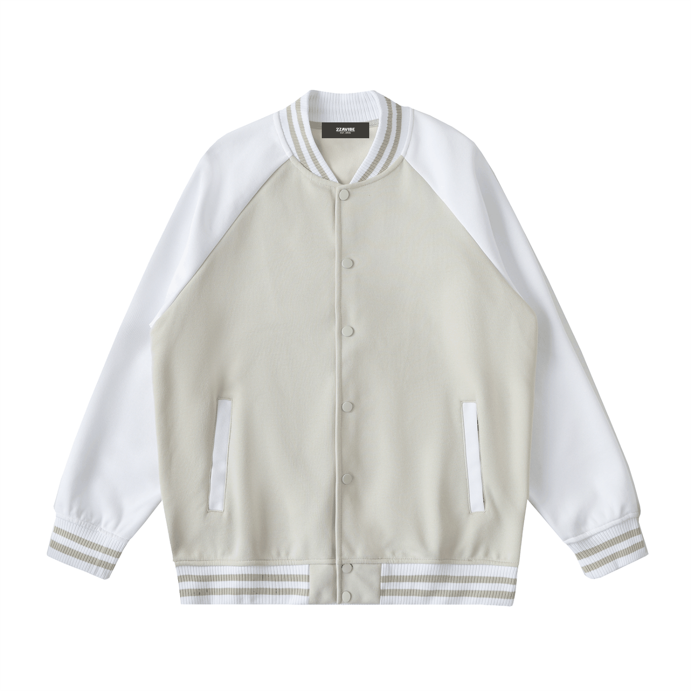 Two tone raglan sleeve varsity jacket with button-up front and striped cuffs in beige and white color blocking