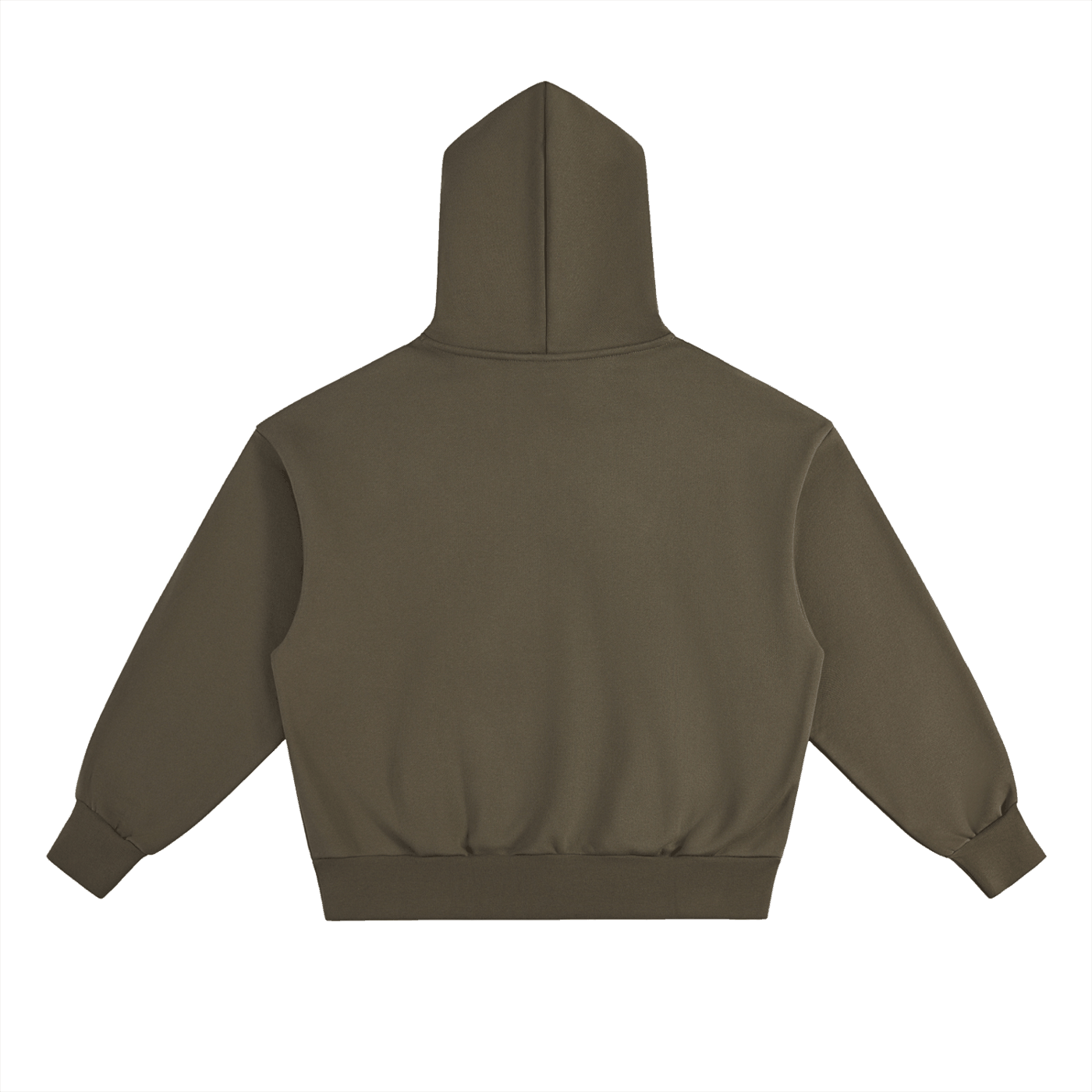 Back view of unisex heavyweight fleece hoodie in olive green with relaxed fit and roomy hood
