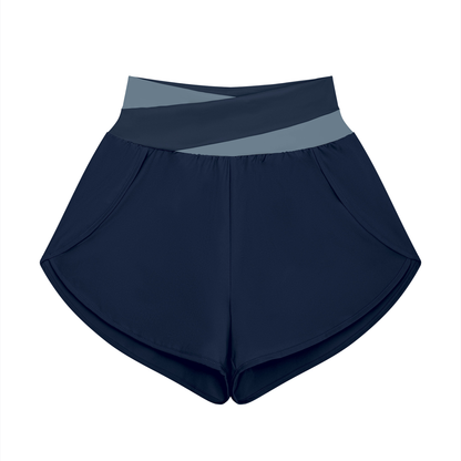 Block Lined Training Shorts in Navy Blue with Gray Blue, women's activewear