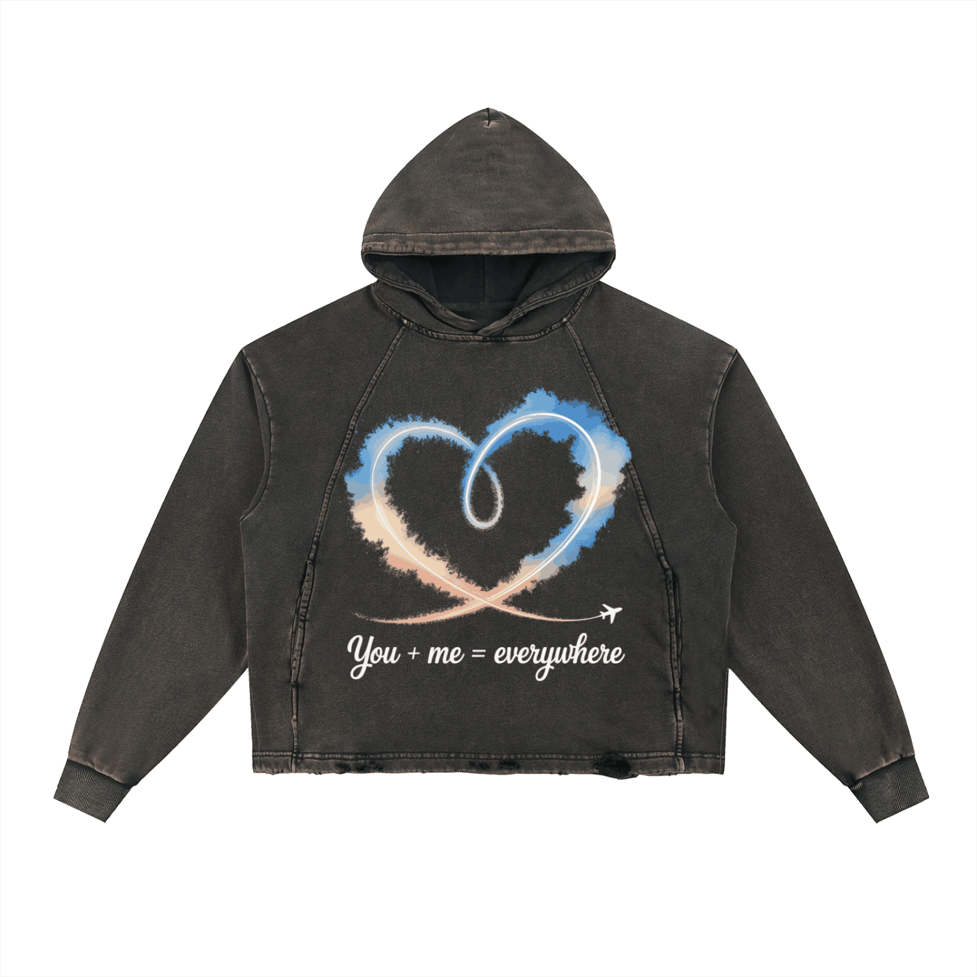 Couples vintage washed hoodie with frayed hem and heart airplane design, oversized cozy streetwear fit