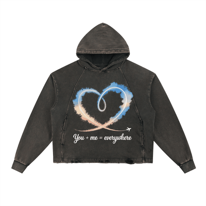 Couples vintage washed hoodie with frayed hem and heart airplane design, oversized cozy streetwear fit