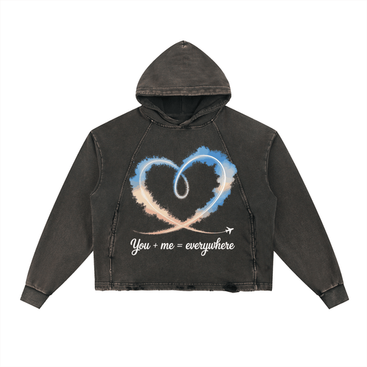 Couples vintage washed hoodie with frayed hem and heart airplane design, oversized cozy streetwear fit