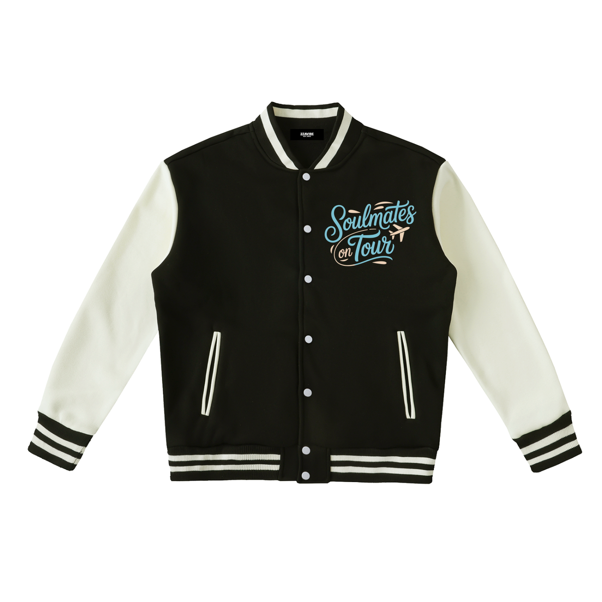 Soulmates on Tour Varsity Jacket in Black with White, unisex streetwear