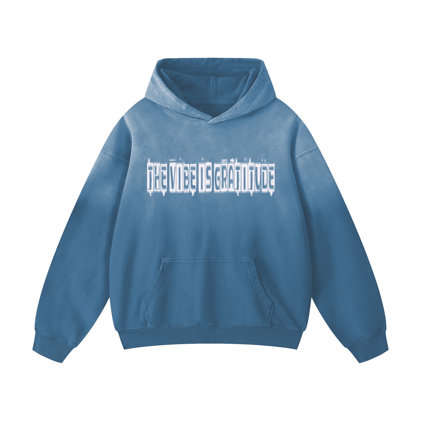 Gratitude Vibe Heavyweight Hoodie in blue with sunfade effect and bold front text, oversized fit with hood and kangaroo pocket.