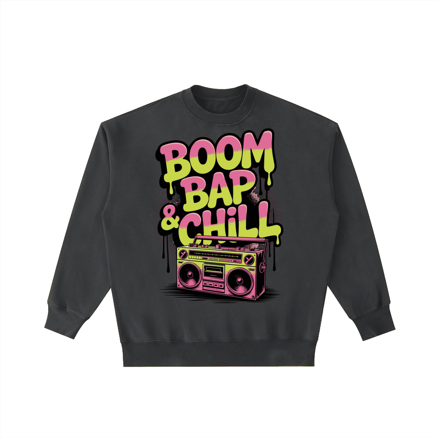 Black vintage washed heavyweight crewneck sweatshirt with colorful Boom Bap Chill graffiti and boombox design