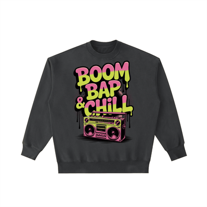 Black vintage washed heavyweight crewneck sweatshirt with colorful Boom Bap Chill graffiti and boombox design