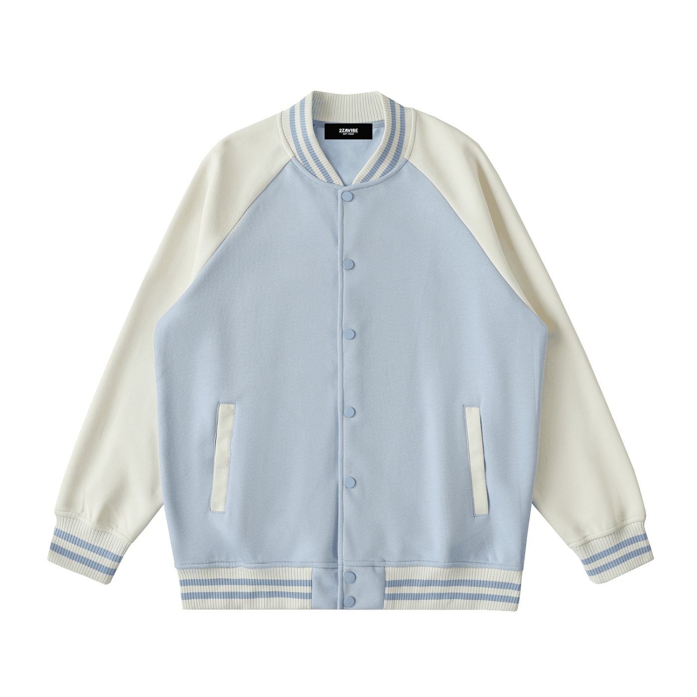 Two tone raglan sleeve varsity jacket with button-up front in light blue and cream colors