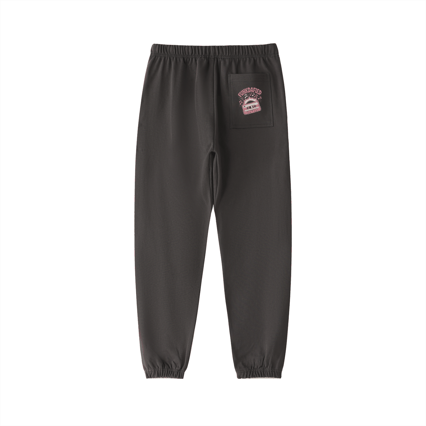 Black heavyweight cotton sweatpants with drawstring waist and back pocket logo patch