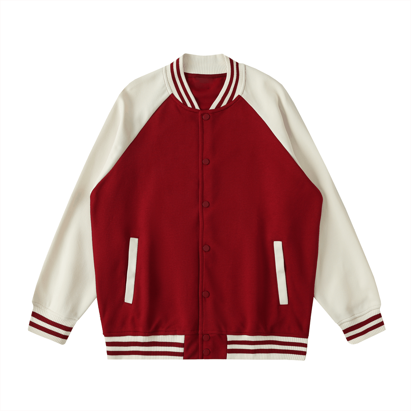 Two-tone raglan sleeve varsity jacket in red and white with button-up front and striped cuffs