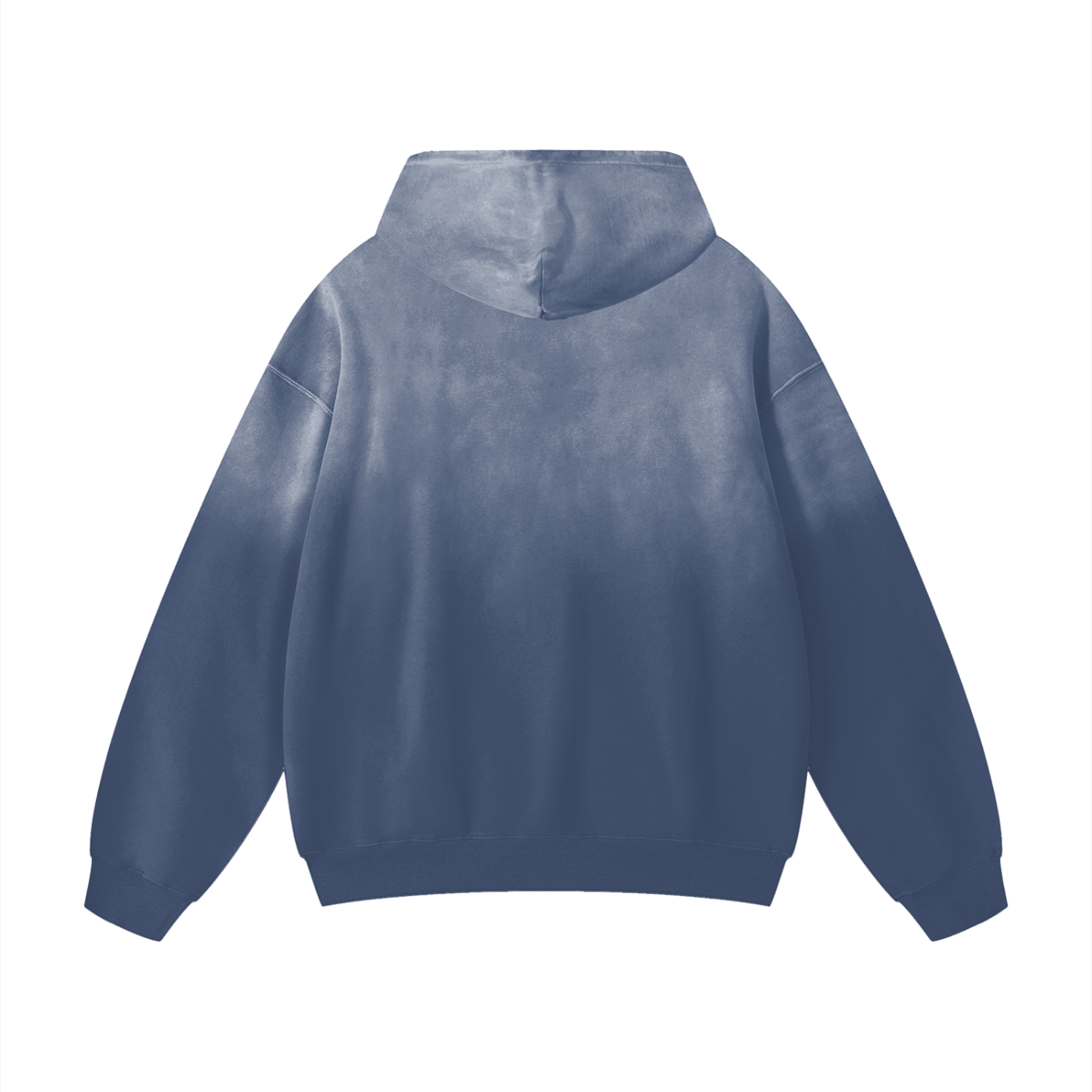 Back view of Gratitude Vibe Heavyweight Hoodie in blue sunfade with oversized loose fit and hood