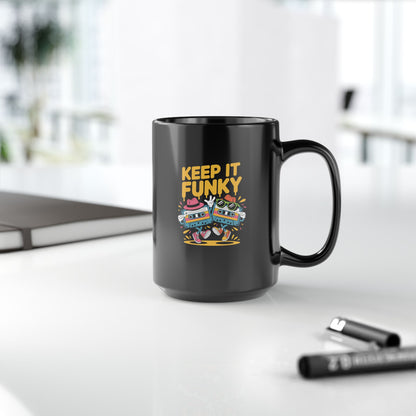 Keep It Funky Black Mug | 15oz Coffee Cup, Funky Gift, Retro Vibe, Cool Mug, Fun Kitchen Decor