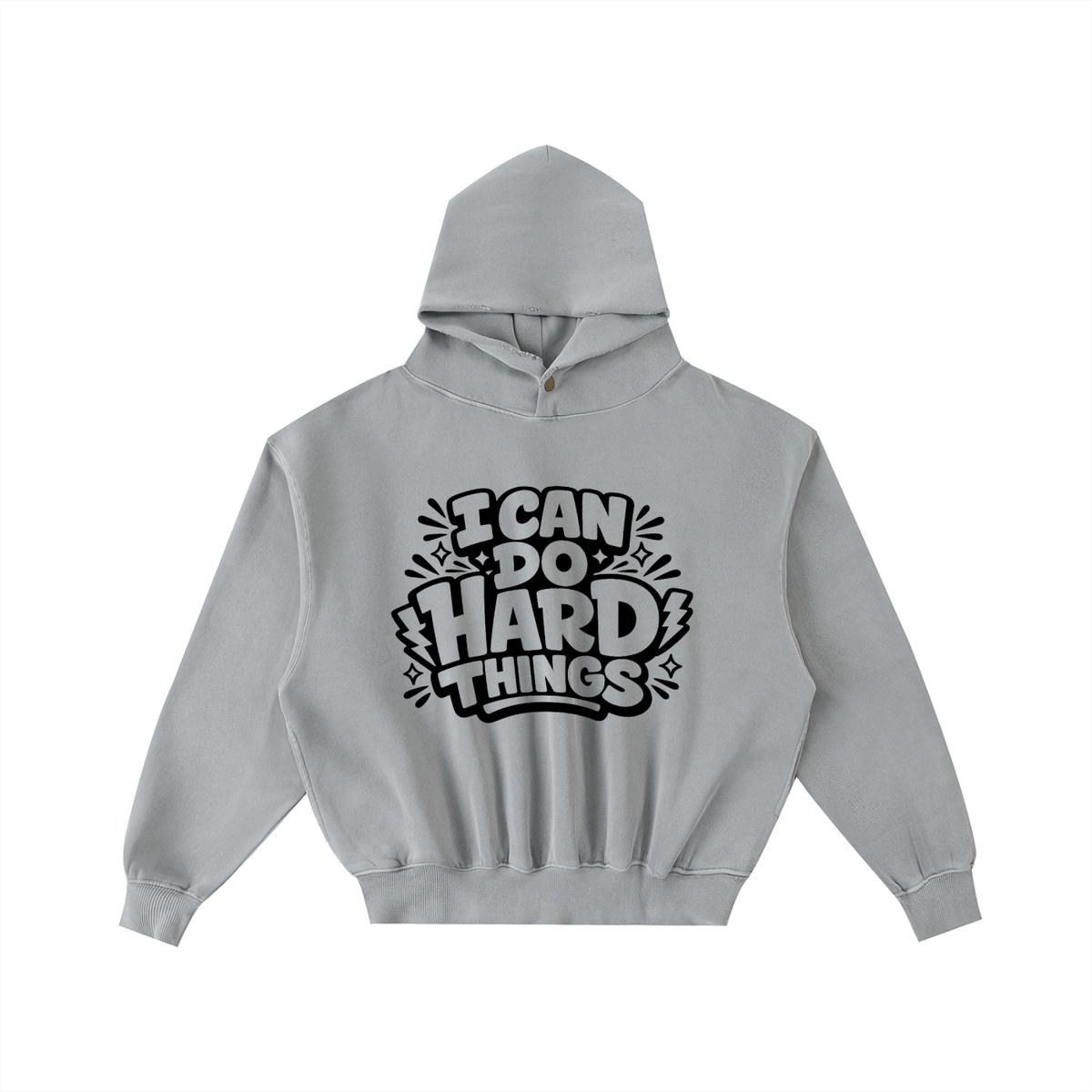 I Can Do Hard Things Frayed Wash Hoodie in Light Gray, unisex streetwear