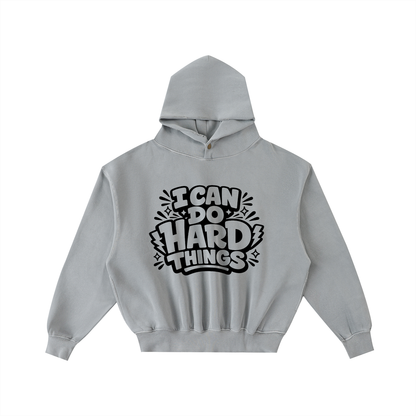 I Can Do Hard Things Frayed Wash Hoodie in Light Gray, unisex streetwear