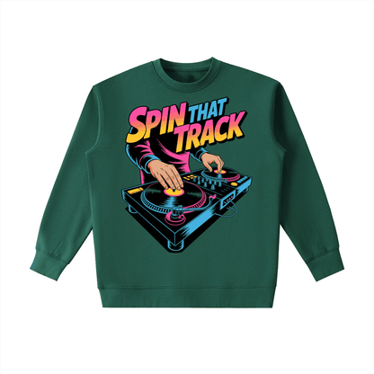 Heavyweight crewneck sweatshirt in dark green with colorful "Spin That Track" DJ graphic, cotton-blend streetwear design