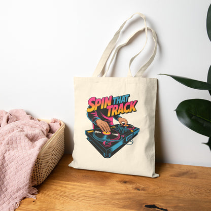 DJ Themed Tote Bag, Music Lover Gift, Spin That Track Bag, Eco-Friendly Shopping Bag, Party Favor Tote