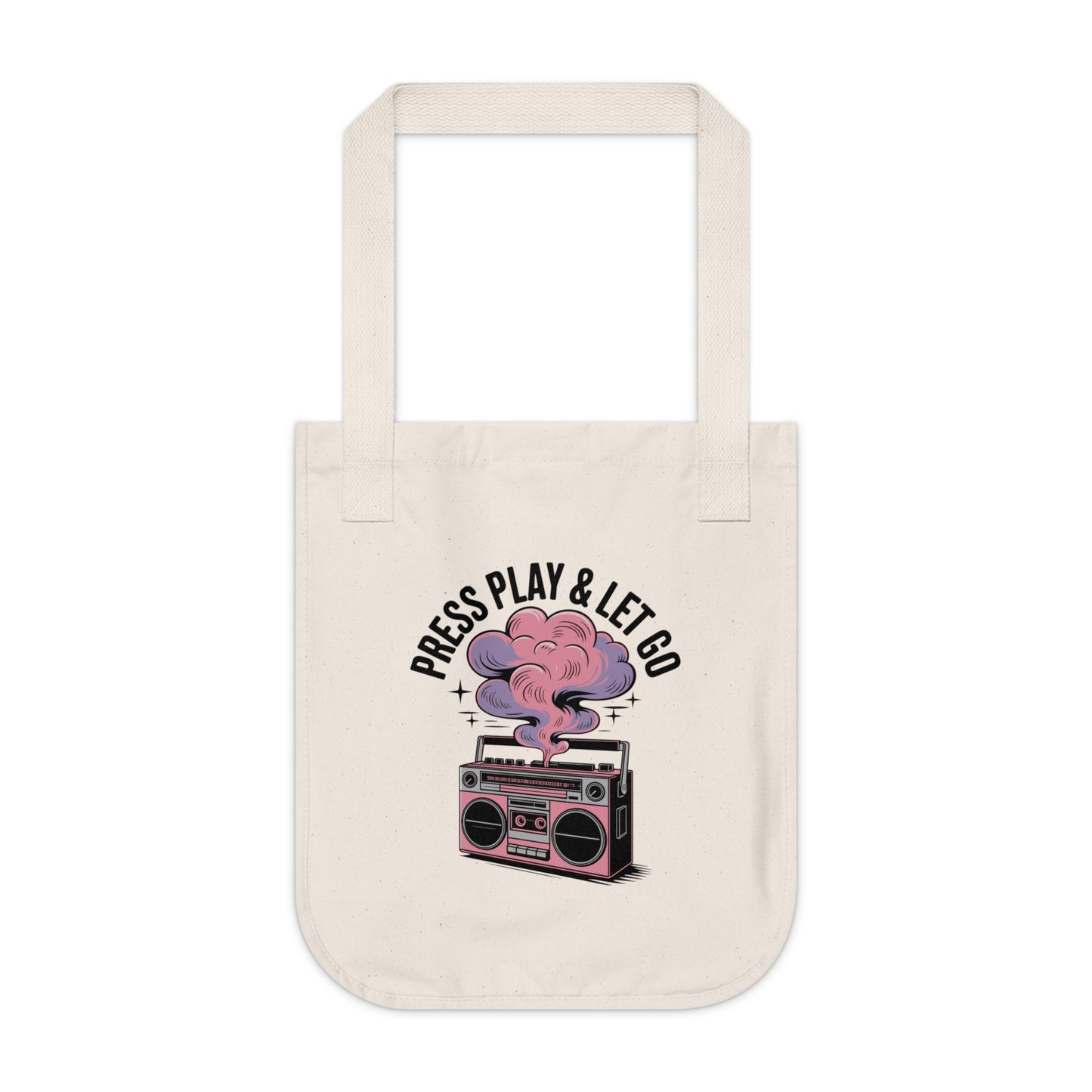 Retro Music Themed Tote Bag, Organic Canvas Bag, Eco-Friendly Shopping Bag, Press Play & Let Go, Music Lover Gift, Festival Tote