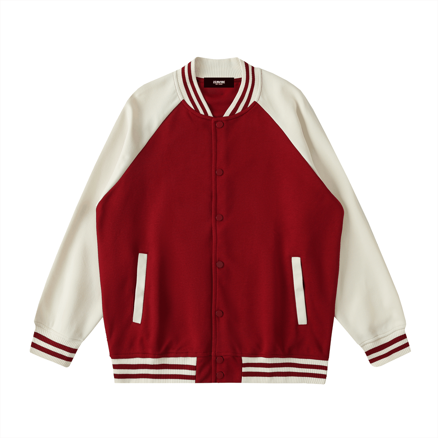 Two tone raglan sleeve varsity jacket in red and white with button-up front and striped cuffs