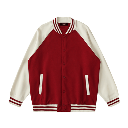 Two tone raglan sleeve varsity jacket in red and white with button-up front and striped cuffs