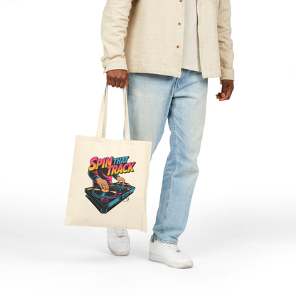 DJ Themed Tote Bag, Music Lover Gift, Spin That Track Bag, Eco-Friendly Shopping Bag, Party Favor Tote