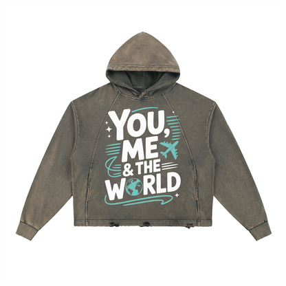 Couples Wanderlust vintage washed frayed-hem hoodie with loose fit and "You, Me & The World" graphic design.