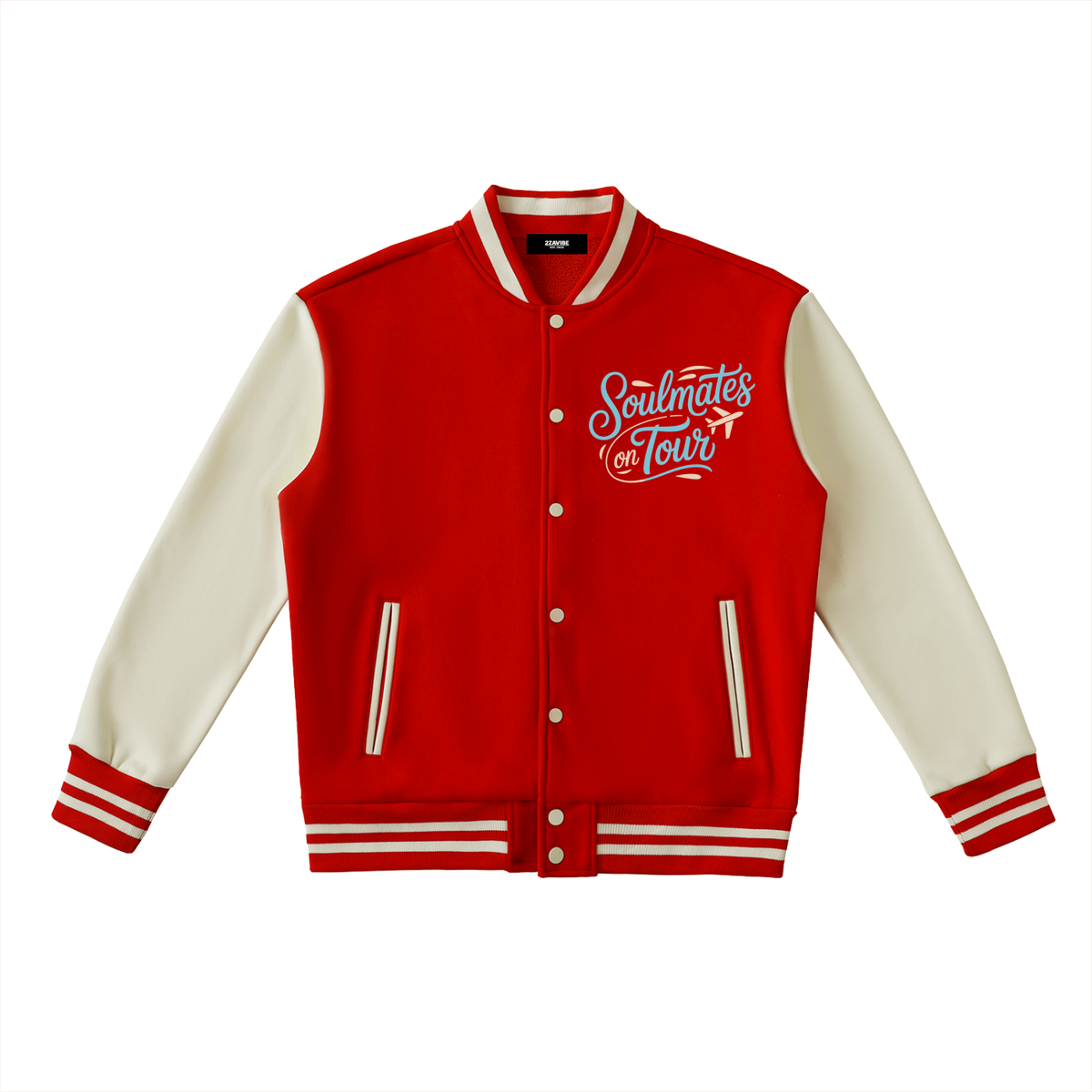 Soulmates on Tour Varsity Jacket in Red with White, unisex streetwear