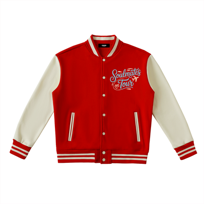 Soulmates on Tour Varsity Jacket in Red with White, unisex streetwear