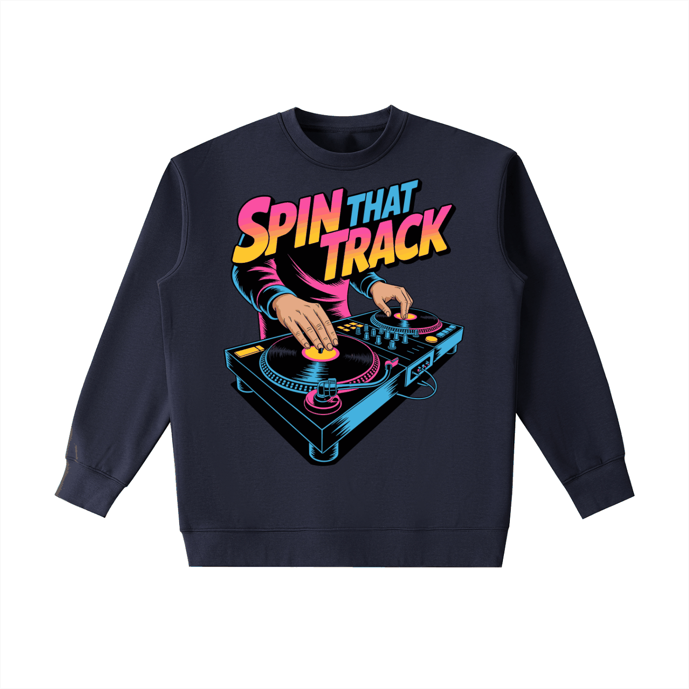 Heavyweight crewneck sweatshirt with colorful "Spin That Track" DJ graphic on front, relaxed fit and cotton-blend fabric.