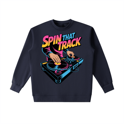 Heavyweight crewneck sweatshirt with colorful "Spin That Track" DJ graphic on front, relaxed fit and cotton-blend fabric.