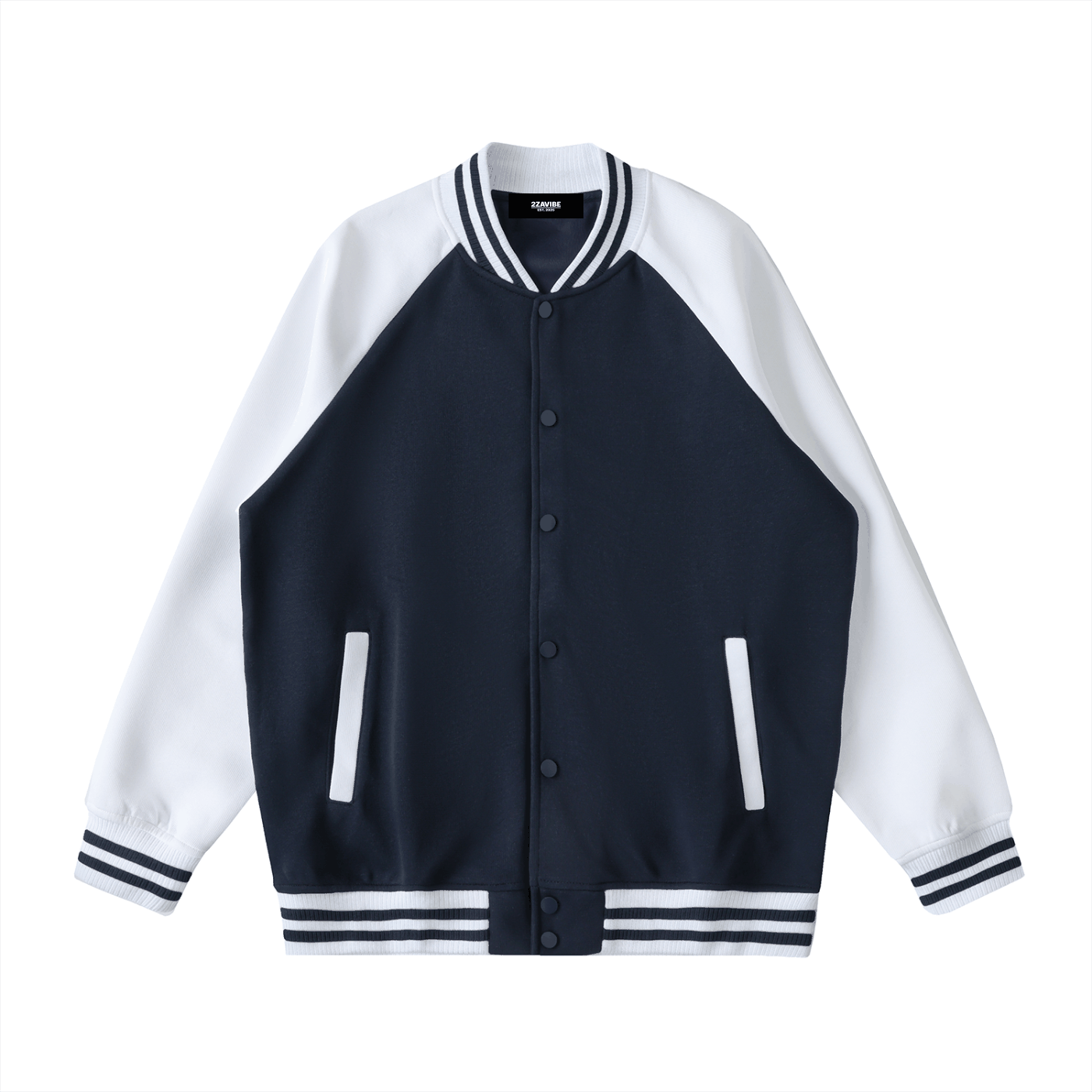 Two tone raglan sleeve varsity jacket with button-up front and striped cuffs and collar