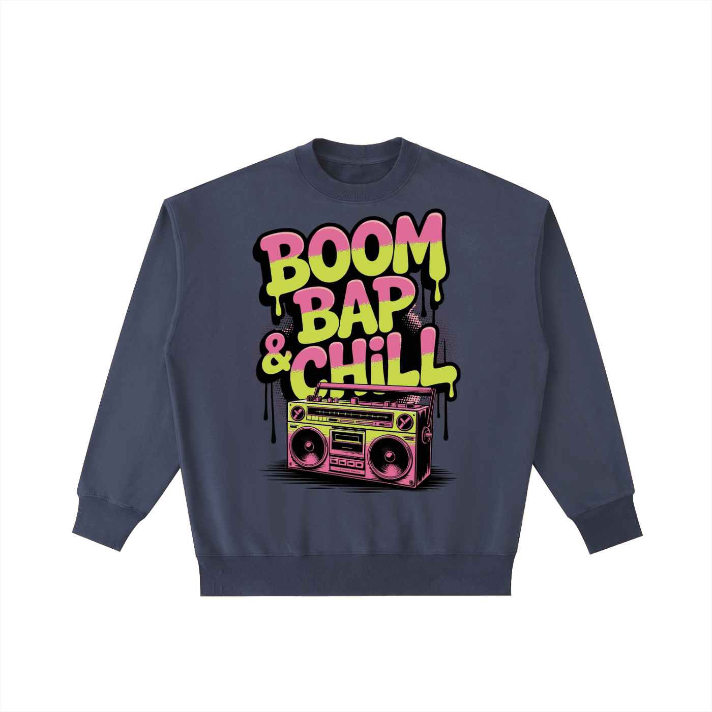 Boom Bap Chill vintage washed heavyweight navy crewneck sweatshirt with colorful graphic print and long sleeves.