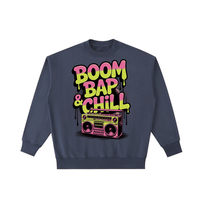 Boom Bap Chill vintage washed heavyweight navy crewneck sweatshirt with colorful graphic print and long sleeves.