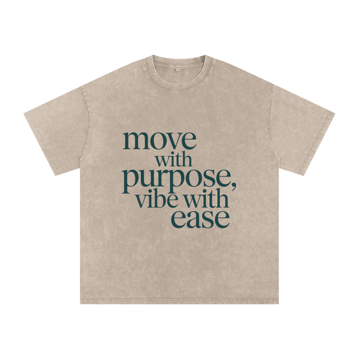 Snow Washed Oversized Cotton T-Shirt in beige with "move with purpose, vibe with ease" text, casual loose fit, short sleeves, and round neck.