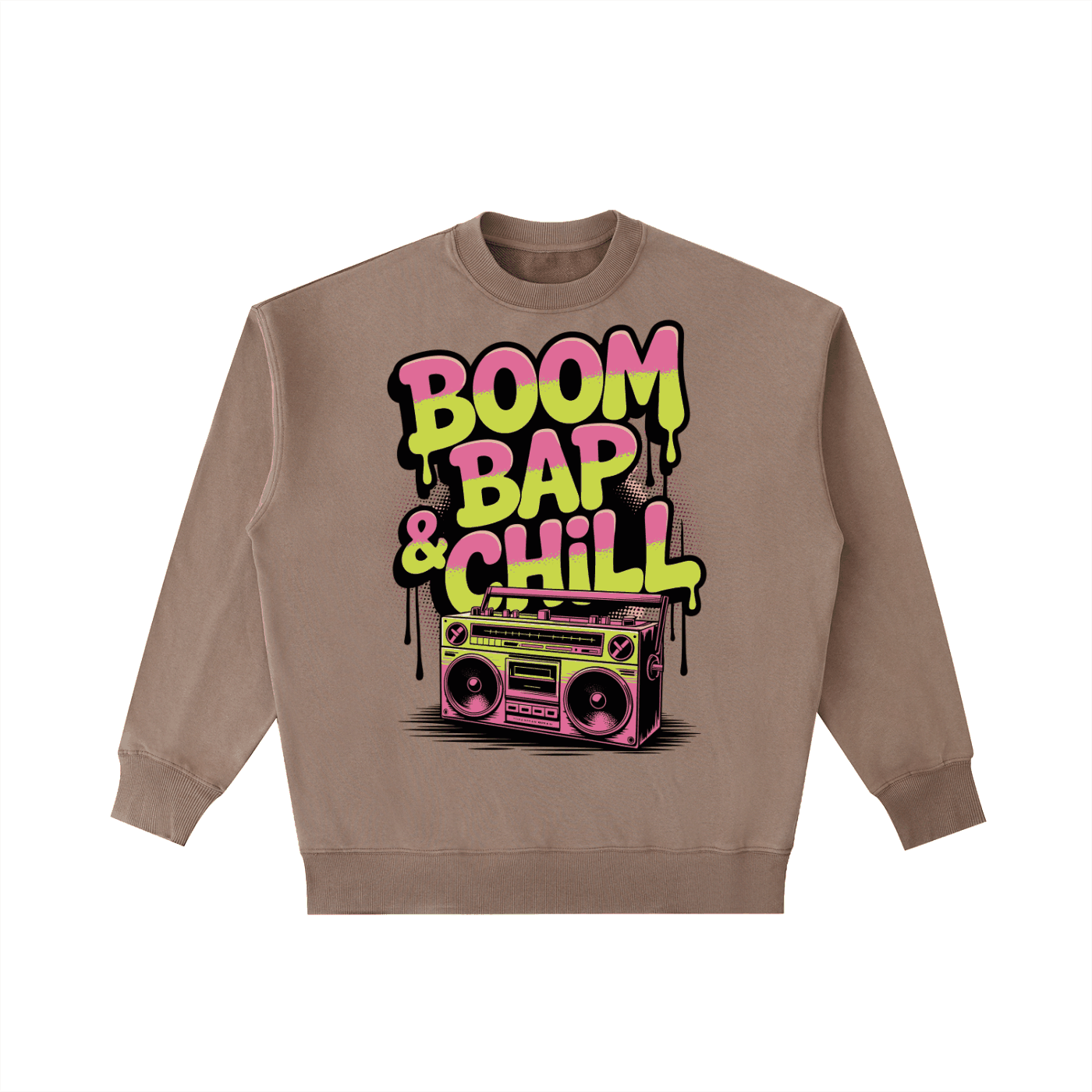 Boom Bap Chill vintage washed heavyweight brown crewneck sweatshirt with retro boombox graphic and bold text