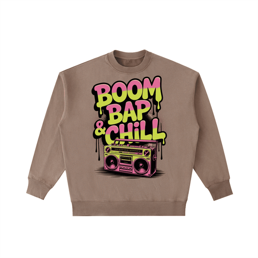 Boom Bap Chill vintage washed heavyweight brown crewneck sweatshirt with retro boombox graphic and bold text