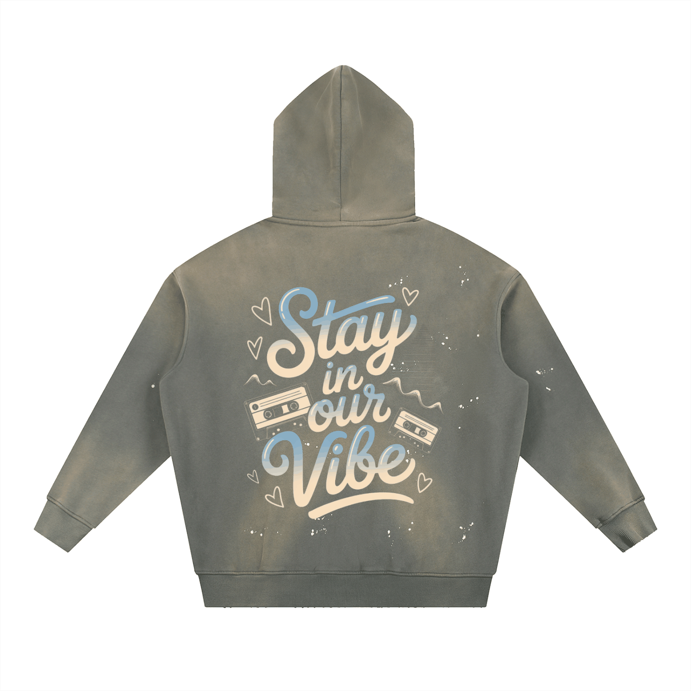 Vintage washed frayed hoodie with "Stay in our Vibe" print and cassette design, oversized streetwear fleece style.