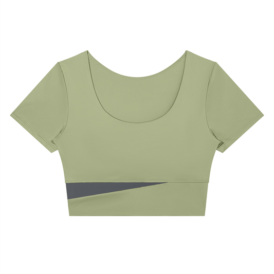 Block Short-Sleeve Crop Top in Bean Green with Dark Gray, women's activewear