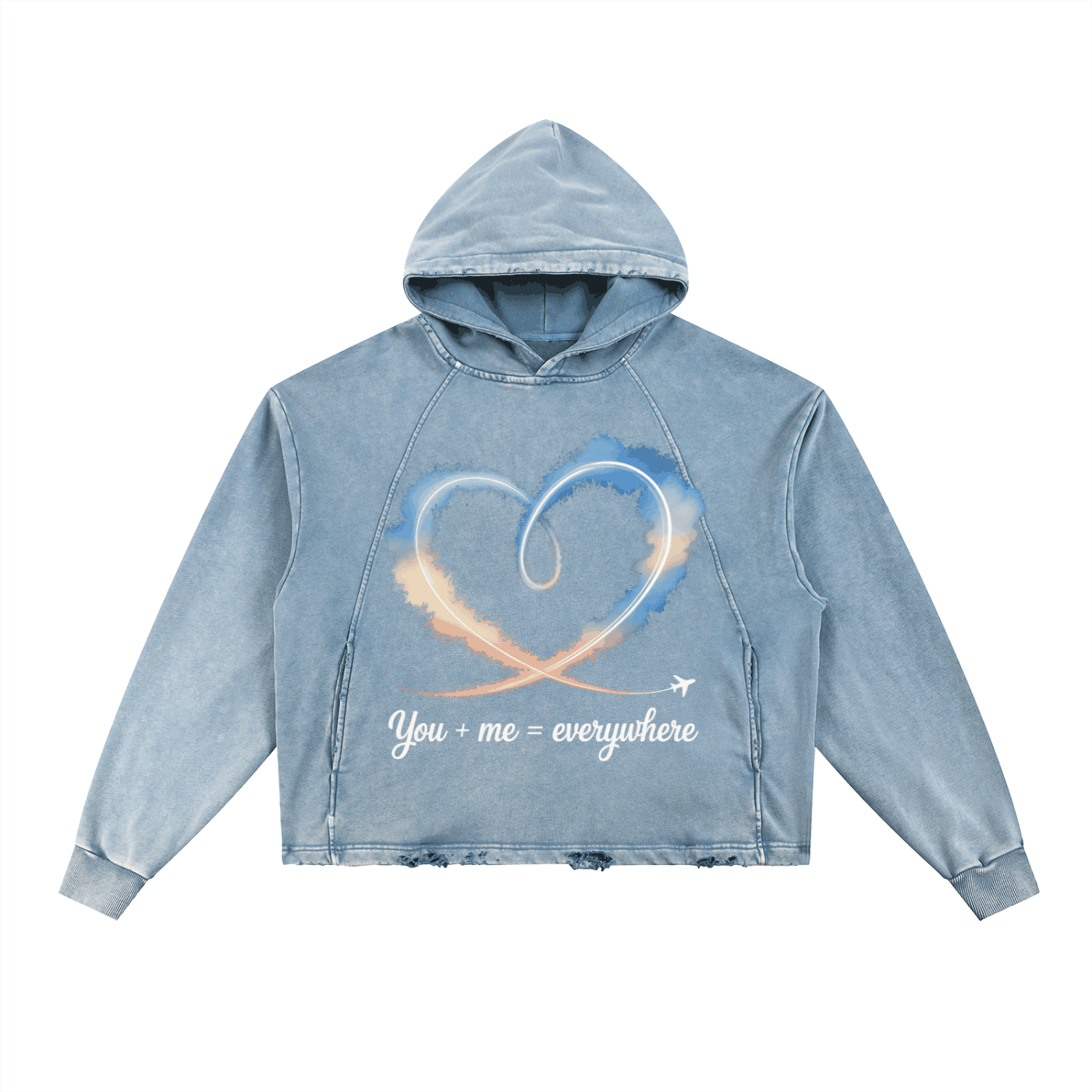 Couples vintage washed hoodie with heart design and frayed hem, oversized fit, cozy cotton blend streetwear
