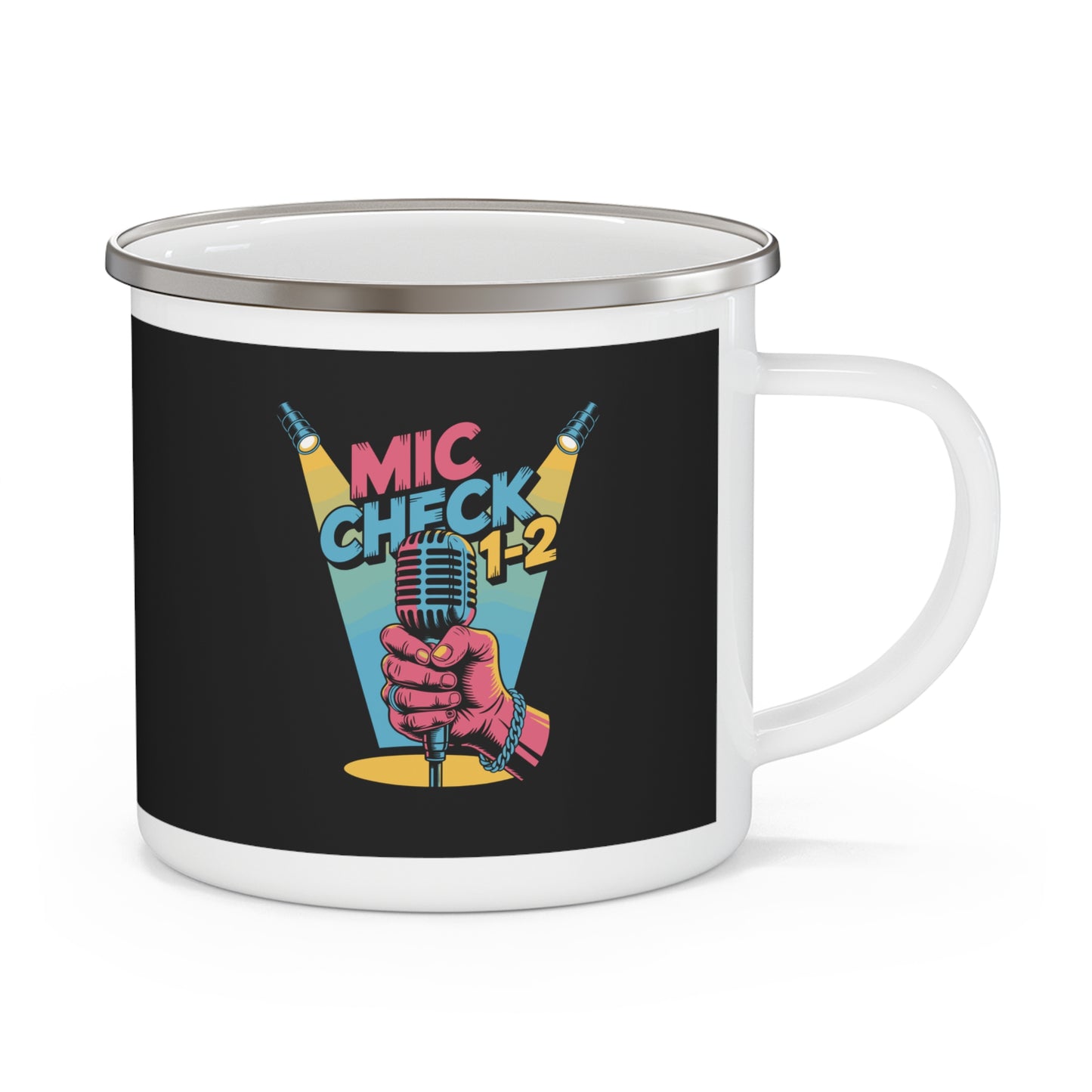 Retro Microphone Enamel Camping Mug, Adventure Travel Mug, Music Lover Gift, Campfire Mug, Outdoor Coffee Cup, Unique Camping Gear