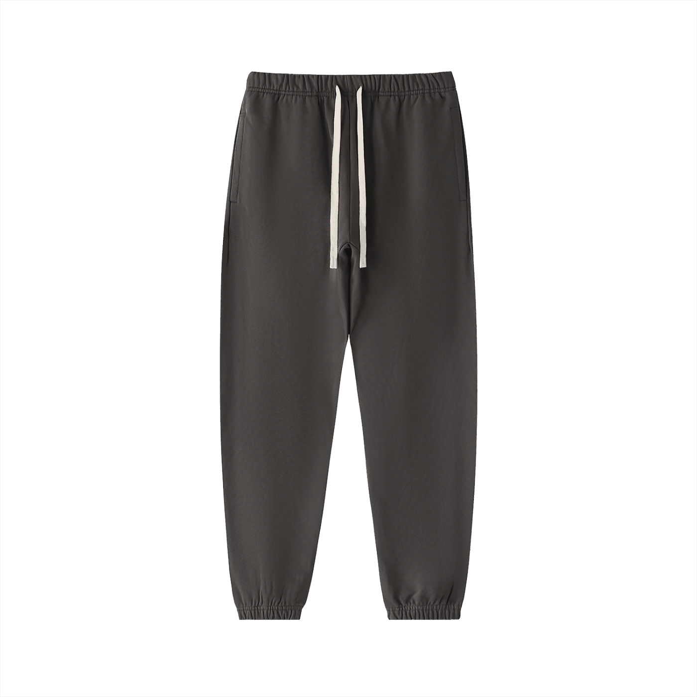 Black heavyweight cotton sweatpants with drawstring waistband and elastic cuffs.