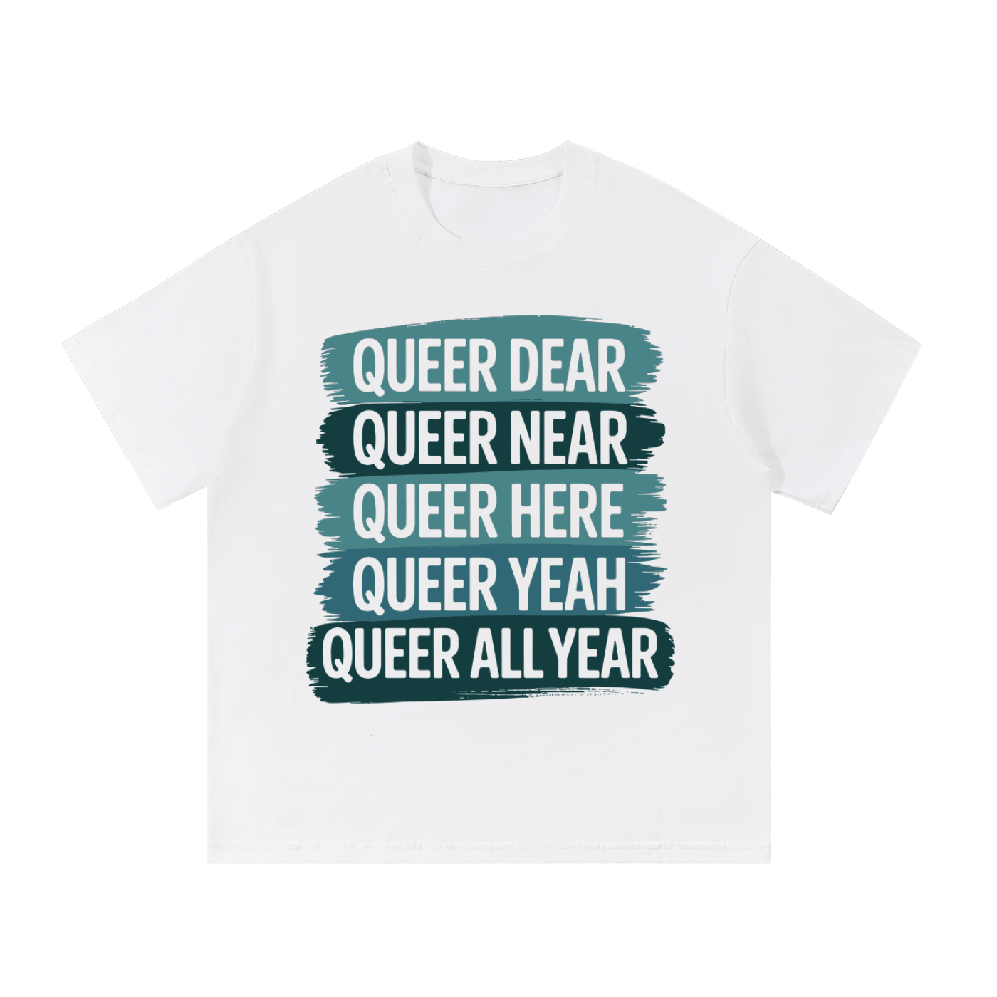 White Essential Cotton T Shirt with bold teal and white queer pride text design, comfortable casual wear basic tee