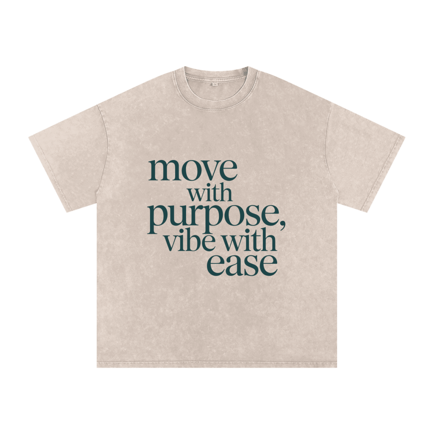 Snow Washed Oversized Cotton T-Shirt with "move with purpose, vibe with ease" print, soft breathable cotton tee, casual loose fit, round neck, short sleeves