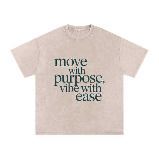 Snow Washed Oversized Cotton T-Shirt with "move with purpose, vibe with ease" print, soft breathable cotton tee, casual loose fit, round neck, short sleeves