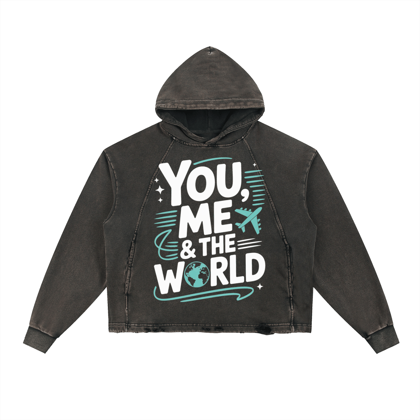 Couples Wanderlust Hoodie vintage washed black hoodie with frayed hem and "You, Me & The World" graphic design