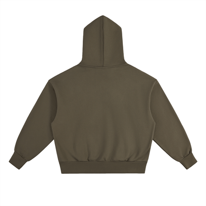 Back view of unisex heavyweight fleece hoodie in olive green with relaxed fit and roomy hood