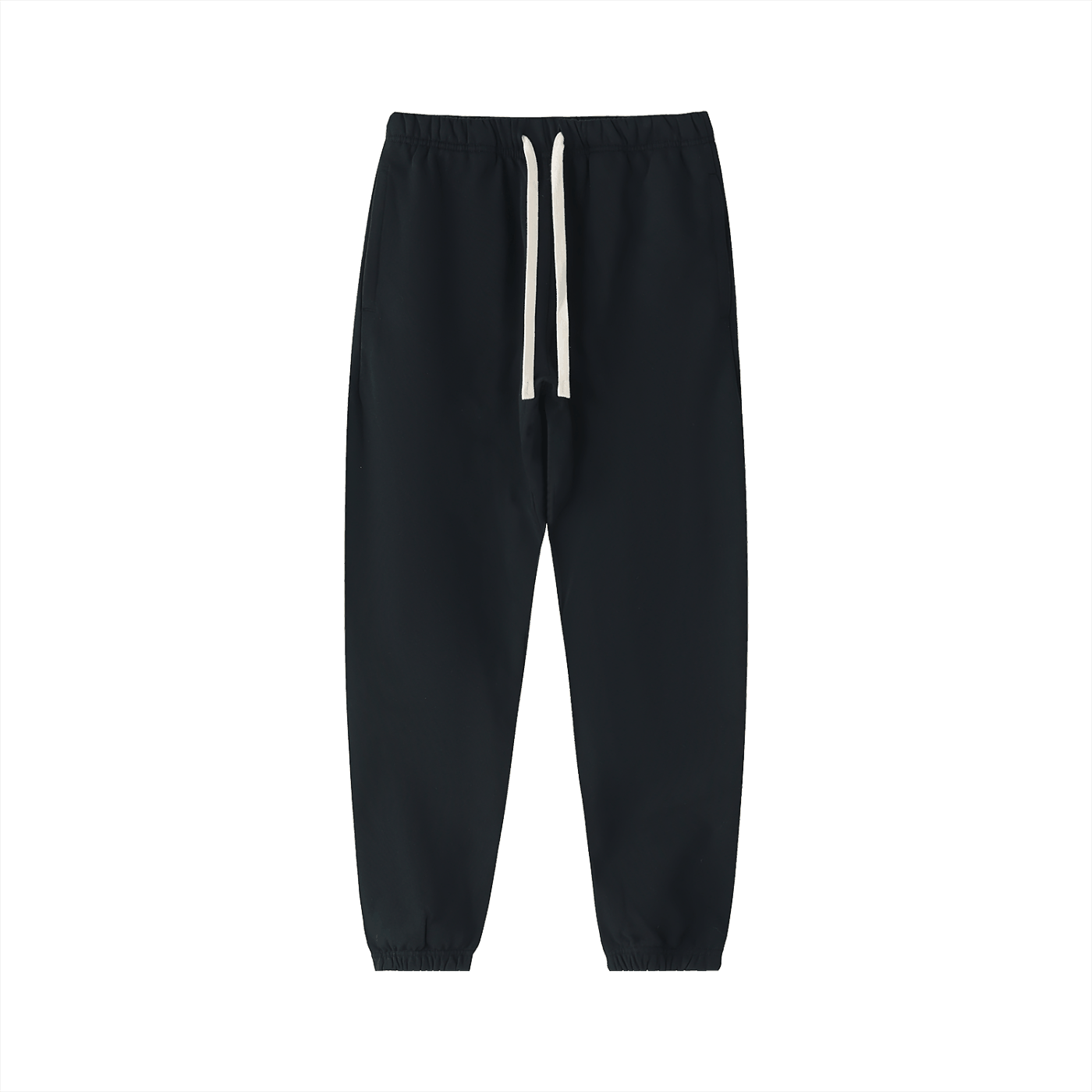 Black heavyweight cotton sweatpants with drawstring waistband and elastic cuffs