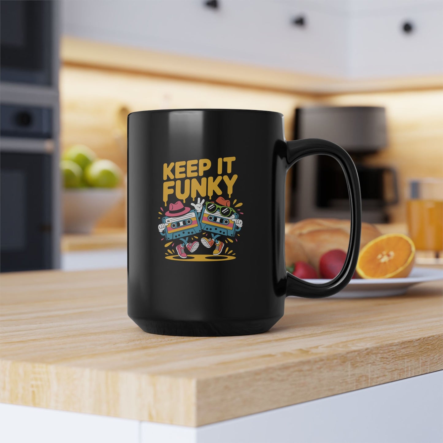 Keep It Funky Black Mug | 15oz Coffee Cup, Funky Gift, Retro Vibe, Cool Mug, Fun Kitchen Decor