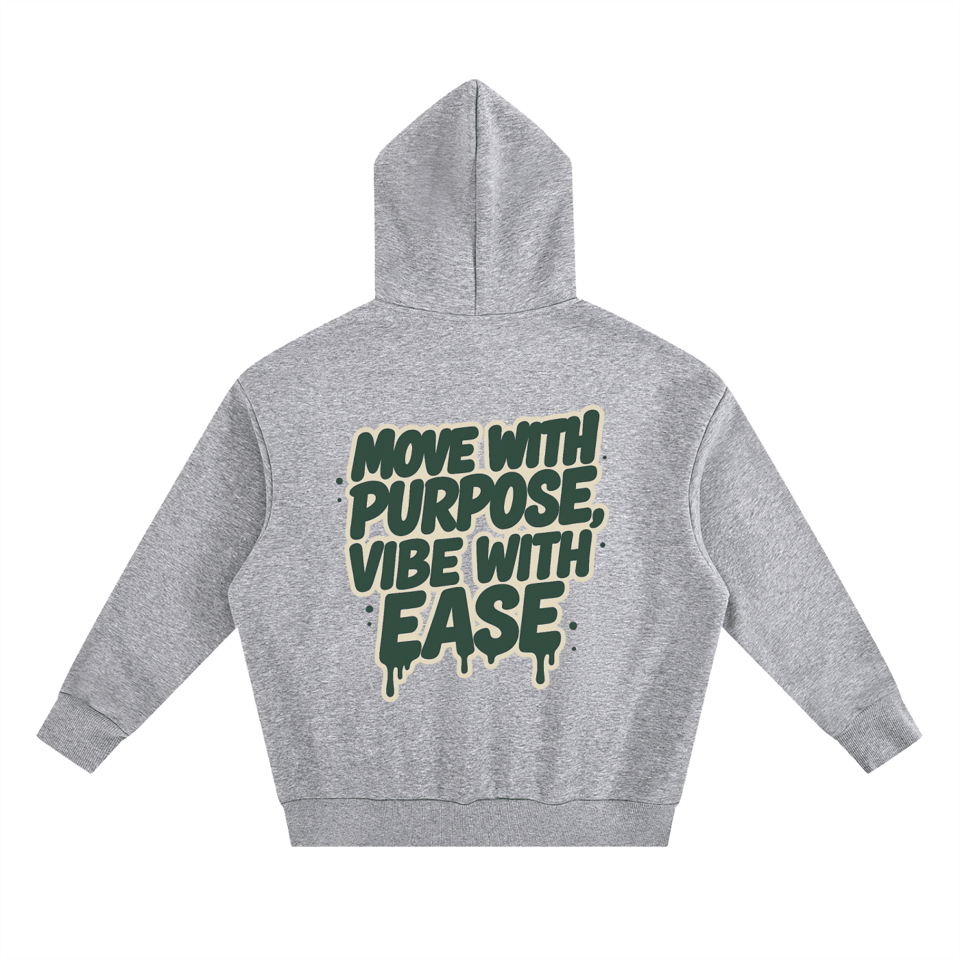 Gray cropped oversized hoodie with "Move with Purpose, Vibe with Ease" graphic print on back, cotton-polyester blend, casual streetwear style